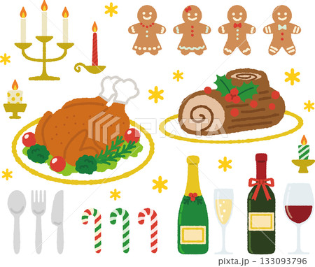 クリスマスらしい食べ物と飲み物のイラストセット 133093796