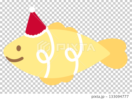 Pastel yellow fish wearing Santa hat for Christmas and New Year illustration, sea life, under the sea, animal, festive winter, sticker, aquarium, ocean, animal, cartoon character, cute patch, toy, pin 133094777