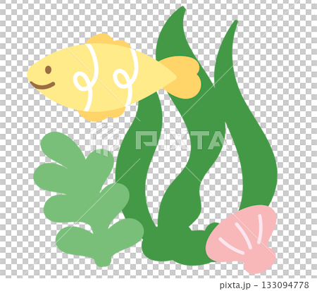 Pastel yellow fish, seashell, coral reef for sea lives, animals, aquarium, souvenir shop, cartoon character, comic, mascot, cute patch, shirt print, plush toy, kid doll, brooch, under the sea, sticker 133094778