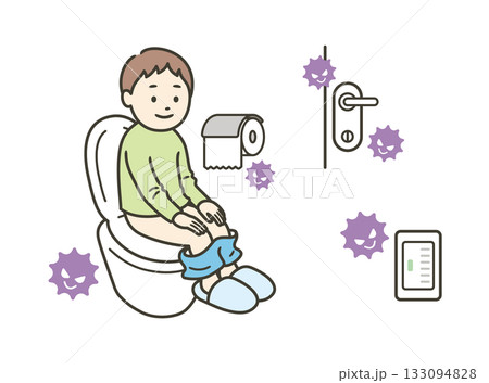 便器やトイレットパーにウイルスが着いているトイレにいる男の子 便器やトイレットパーにウイルスが着いているトイレにいる男の子 133094828