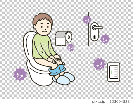 一個男孩坐在廁所裡，馬桶和衛生紙上都沾滿了病毒。 133094828