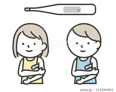 体温計をわきの下に挟んで体温計測をする子供のイラスト 133094903