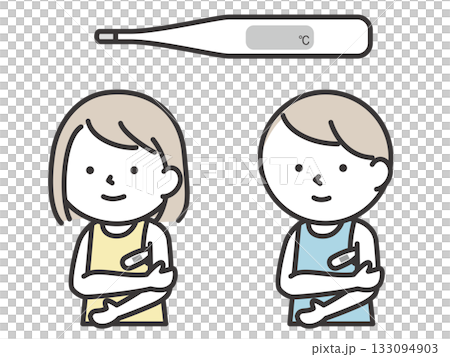 体温計をわきの下に挟んで体温計測をする子供のイラスト 133094903