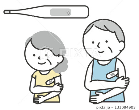 体温計をわきの下に挟んで体温計測をするシニアの男性と女性のイラスト 133094905