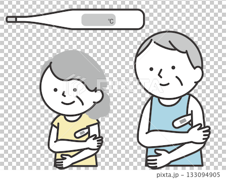 体温計をわきの下に挟んで体温計測をするシニアの男性と女性のイラスト 133094905