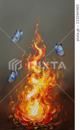 燃え上がる火の炎と蝶の油画 燃え上がる火の炎と蝶の油画 133094960