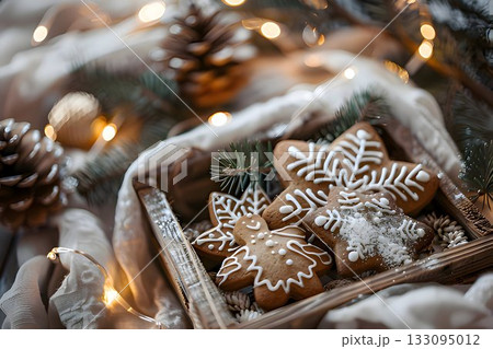 rustic wooden box filled with homemade gingerbread cookies 133095012