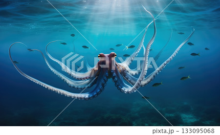 Mesmerizing octopus dances beneath the ocean waves illuminated by sunlight creating ethereal 133095068