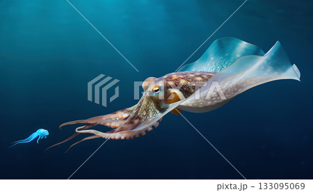 Mesmerizing octopus dances beneath the ocean waves illuminated by sunlight creating ethereal 133095069