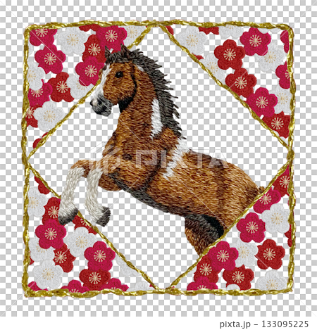 [Golden square frame of horse and plum] Hand embroidery illustration material 133095225
