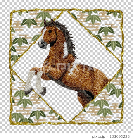 [Golden square frame of horse and bamboo] Hand-embroidered illustration material 133095226