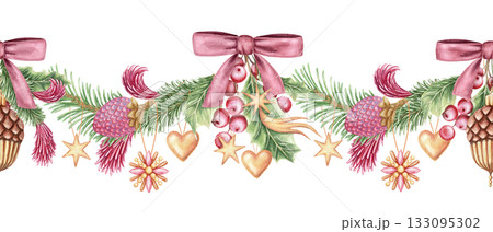 Seamless border with sparkling Christmas ornaments and pink bow. Hand drawn watercolor pine branches with pencil texture. Festive garland in gold and green perfect for frame and holiday card design. 133095302