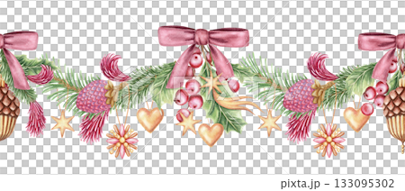 Seamless border with sparkling Christmas ornaments and pink bow. Hand drawn watercolor pine branches with pencil texture. Festive garland in gold and green perfect for frame and holiday card design. 133095302