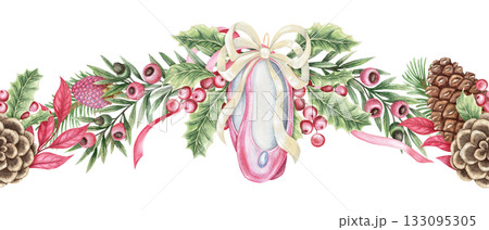 Pink ballet flats and pine cone ornament Christmas seamless border. Hand drawn watercolor with colored pencil texture. Festive garland green yew branch perfect for art frame and holiday card design. 133095305