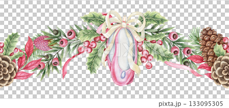 Pink ballet flats and pine cone ornament Christmas seamless border. Hand drawn watercolor with colored pencil texture. Festive garland green yew branch perfect for art frame and holiday card design. 133095305