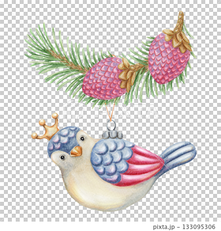 Bird with crown Christmas tree ornament ornament hanging on pine branch. Hand drawn in watercolor with sparkling and pencil texture. Greeting card composition perfect for holiday and seasonal design. Bird with crown Christmas tree ornament ornament hanging on pine branch. Hand drawn in watercolor with sparkling and pencil texture. Greeting card composition perfect for holiday and seasonal design. 133095306