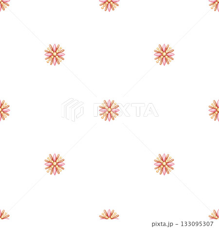Seamless pattern with staggered gold brooch on white background. Hand drawn watercolor with sparkling and pencil texture. Jewelry with pink gemstones. Perfect for Christmas textile and wrapping paper. 133095307