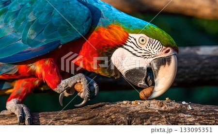 Vibrant macaw portrait showcasing striking plumage and intricate details while carefully Vibrant macaw portrait showcasing striking plumage and intricate details while carefully 133095351