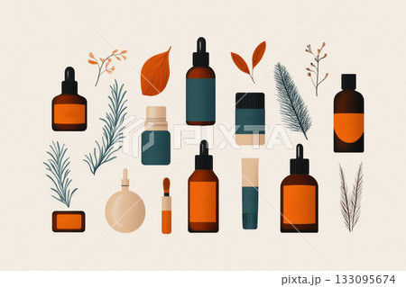 Handdrawn labels for organic skincare products, natural cosmetics, ecoconscious branding 133095674