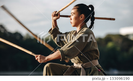 Focused martial artist skillfully wields wooden staffs in a display of strength and concentration 133096190