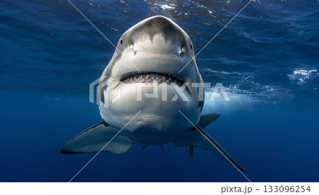 Great White Shark Underneath the Surface of Blue Ocean Water in Natural Habitat Displaying its 133096254