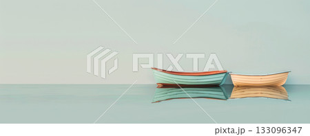 Tranquil scene of three serene boats floating on calm water under soft pastel hues, evoking peace and harmony. 133096347