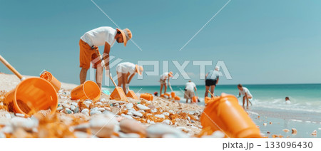 Volunteers clean the beach, collecting shells and trash. A sunny day with vibrant colors creates a lively atmosphere of teamwork. 133096430