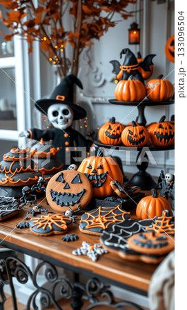 A festive Halloween display featuring decorative pumpkins, spooky cookies, and a ghostly figure, perfect for autumn celebrations. 133096504