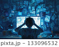 A person overwhelmed by technology and social media, surrounded by screens and notifications 133096532