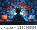 A person overwhelmed by technology and social media, surrounded by screens and notifications 133096534