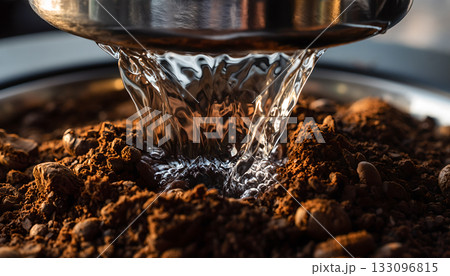 Capturing the Essence: Water Cascading onto Exquisite Dark Roasted Coffee Grounds in a Close Up 133096815