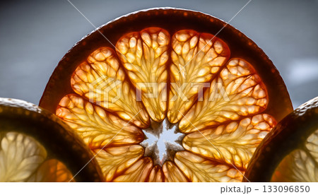 Translucent orange segments are highlighted, showcasing the vibrant texture and internal structure 133096850