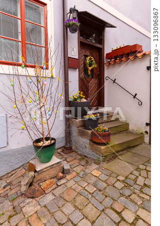 Decorated entrance with flowers, Cesky Krumlov, Czech Republic 133096867