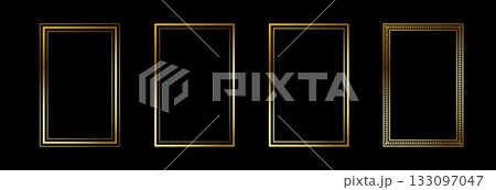 Gold thin rectangle frame set. Shining golden square borders in art deco style. Thin linear rectangular cadre collection. Vector yellow glowing shiny boarder element pack for tarot card, photo, poster 133097047