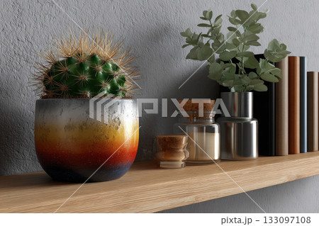 Small cactus in a colorful pot on a minimalist shelf 133097108