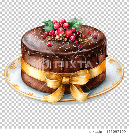水彩風格的美味巧克力聖誕蛋糕插圖，背景透明（png格式）。 133097199