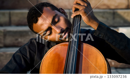 Serene musician resting on cello during outdoor practice session captures the dedication of Serene musician resting on cello during outdoor practice session captures the dedication of 133097236