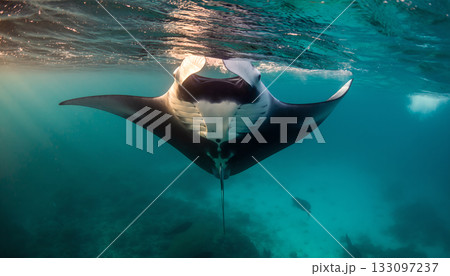 Majestic manta ray gracefully swims in turquoise ocean waters revealing its distinctive markings 133097237