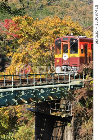 わたらせ渓谷鐵道「紅葉真っ只中の山間部を走る列車」 133097418