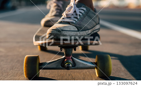 Skateboarder cruises the pavement with well worn sneakers during the golden hour of the day on the 133097624