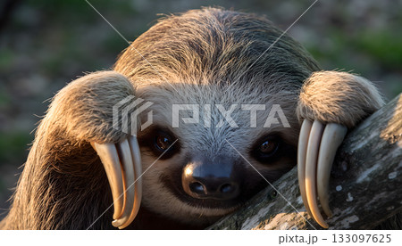 Captivating close-up of a sloth hanging on a tree branch with its big claws resting its face 133097625