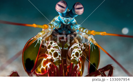 Captivating macro shot showcasing the vibrant colors and unique features of a peacock mantis 133097954