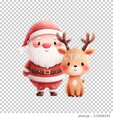 Cute Santa Claus and reindeer watercolor illustration on transparent background (png) 133098105