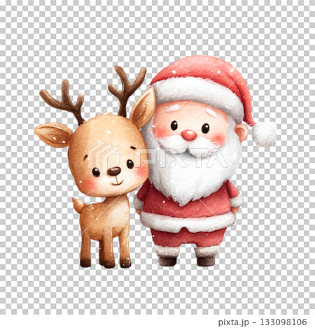 Cute Santa Claus and reindeer watercolor illustration on transparent background (png) 133098106
