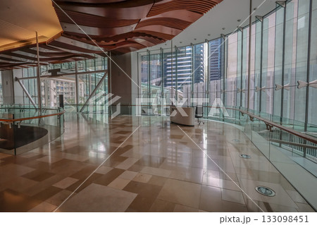 Oct 29 2025 Modern Atrium Corridor With Elevators, Curved Wooden Ceiling Oct 29 2025 Modern Atrium Corridor With Elevators, Curved Wooden Ceiling 133098451
