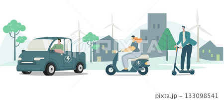 Set of Eco friendly alternative ecological transportation, People choose riding to travel with vehicles,  electric pickup, motorcycles, scooter, Environmental care concept, Vector illustration. 133098541