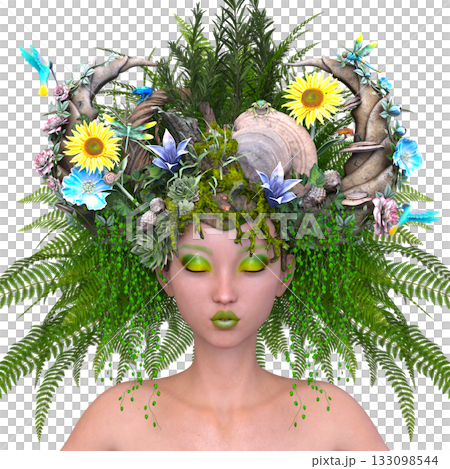 Woman with flower art in hair close-up 133098544