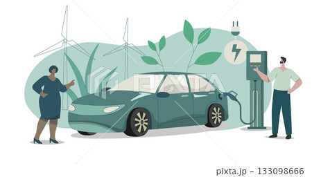 Eco friendly sustainable, Electric car charging station, Clean green energy from renewable sources concept. Vector design illustration. 133098666