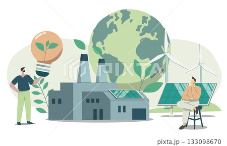 Eco friendly sustainable, Environmental protection factory, Clean green energy from renewable sources concept. Vector design illustration. Eco friendly sustainable, Environmental protection factory, Clean green energy from renewable sources concept. Vector design illustration. 133098670