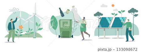 Set of Eco friendly sustainable, Wind turbine generates electricity conserves nature, Waste recycling project, Modern ecology solar panels, Clean green energy sources concept, Vector illustration. Set of Eco friendly sustainable, Wind turbine generates electricity conserves nature, Waste recycling project, Modern ecology solar panels, Clean green energy sources concept, Vector illustration. 133098672